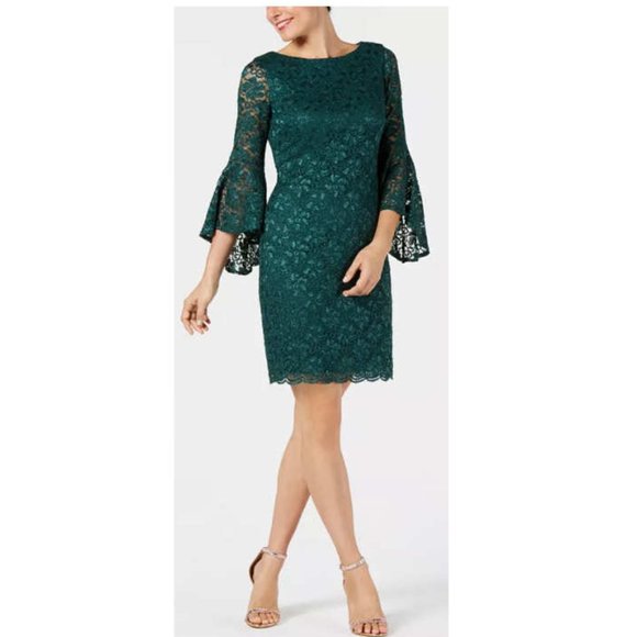 Jessica Howard Bell-Sleeve Glitter Lace Dress Size 16 Green - Picture 11 of 14